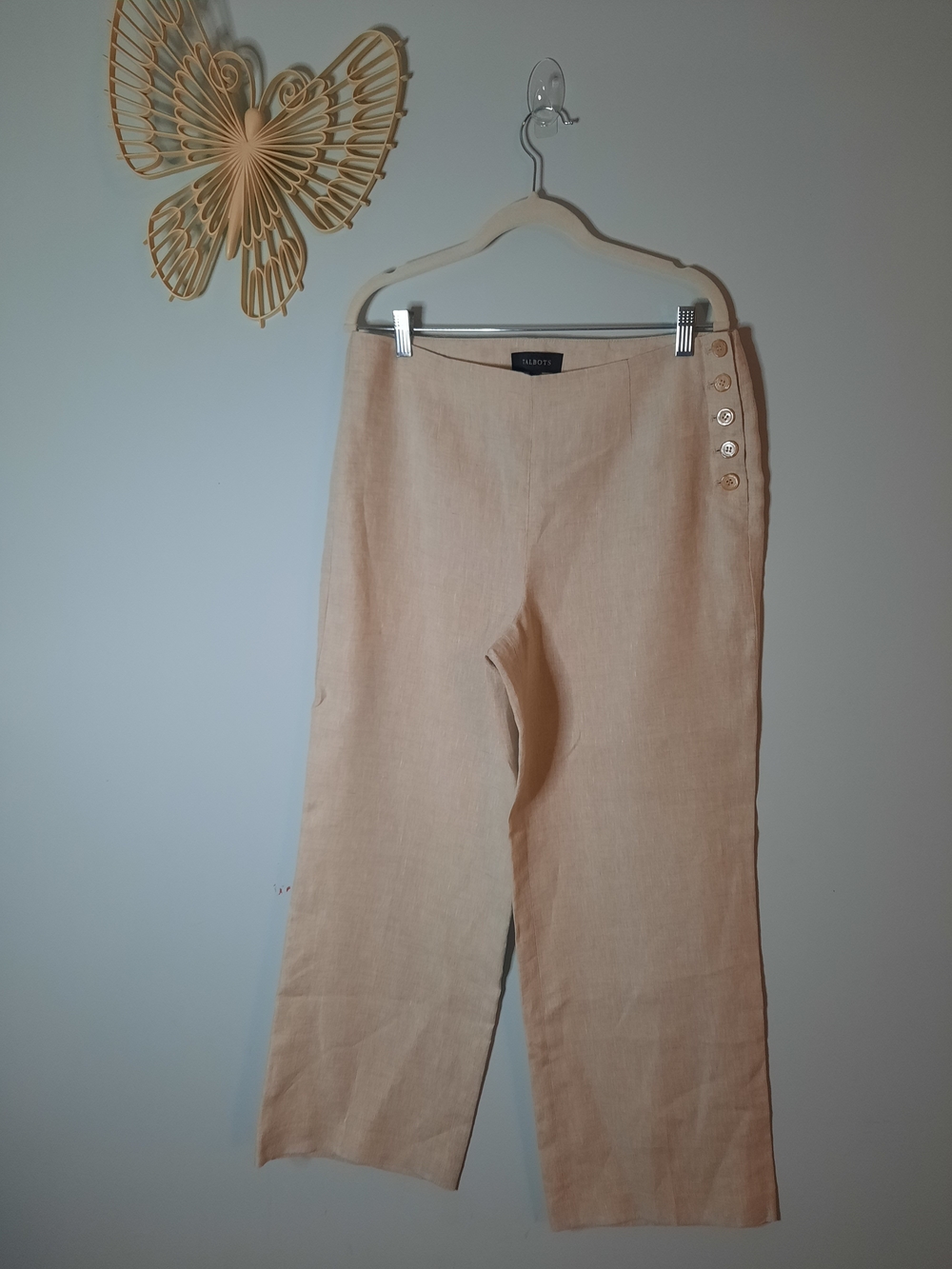 Talbots Sz 10P, Cream 100% Linen, High Waisted, Wide Leg Pants, Buttons, Spring